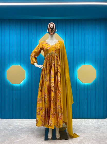 Sunlit Splendor: Opulent Gown Set in Yellow with Dazzling Print and Sequin Accents