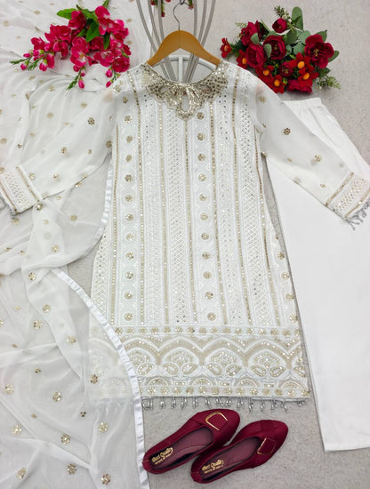 Full Stitched White Cotton Designer Suit