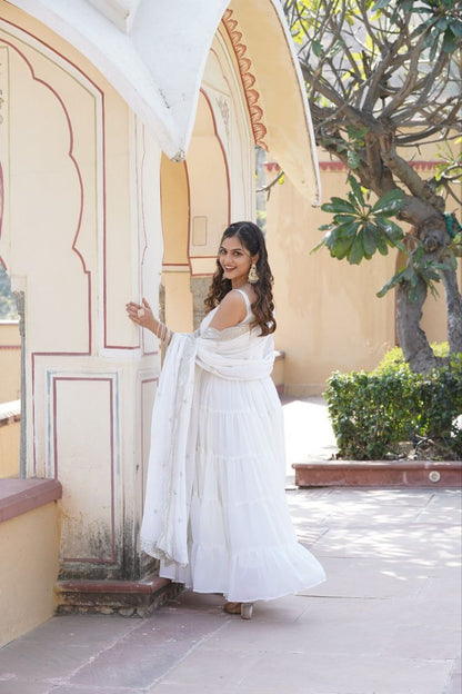 Regal Elegance: Faux Georgette Gown with Rich Embroidery and Dupatta (White)