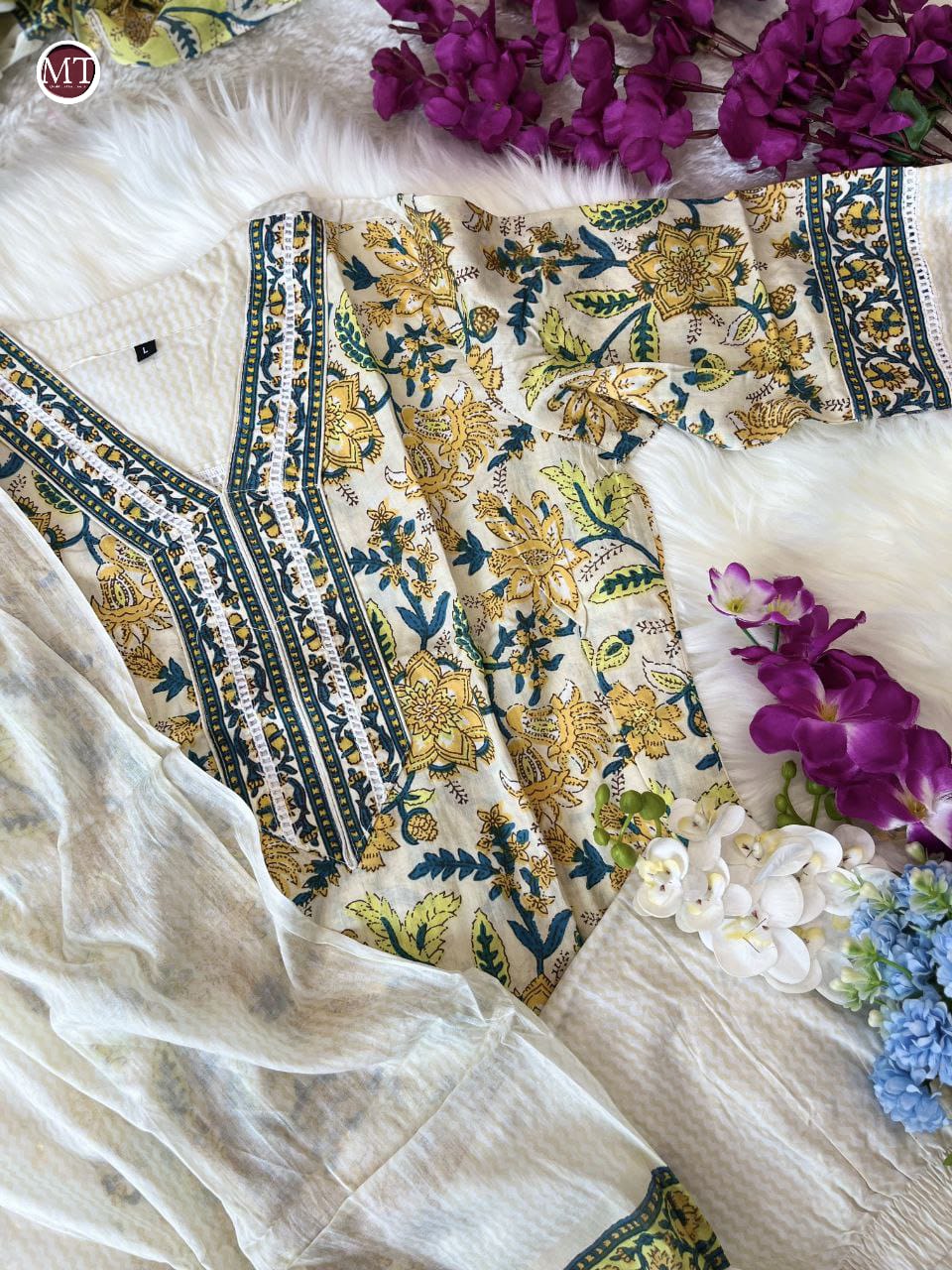 Floral Grace: Cotton Suit Set with Kurti, Pant, and Dupatta