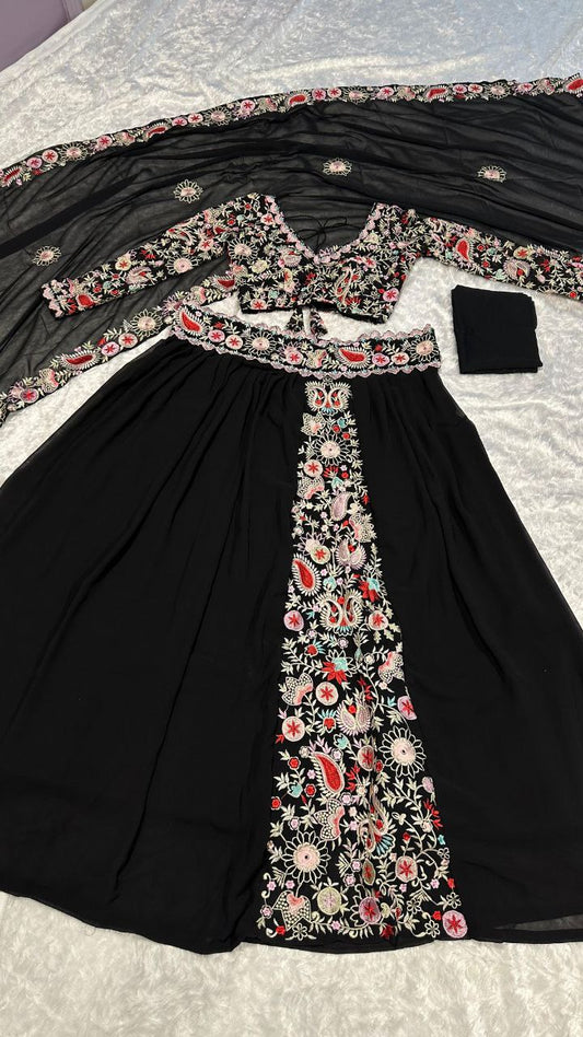 Stunning Sophistication: Black Georgette Lehenga with Thread Embroidery