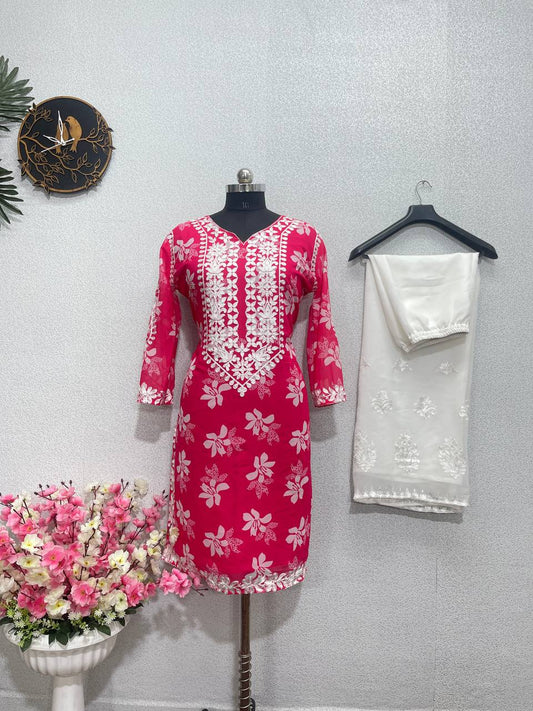 New Pink Party Wear Straight Kurti With Plazzo