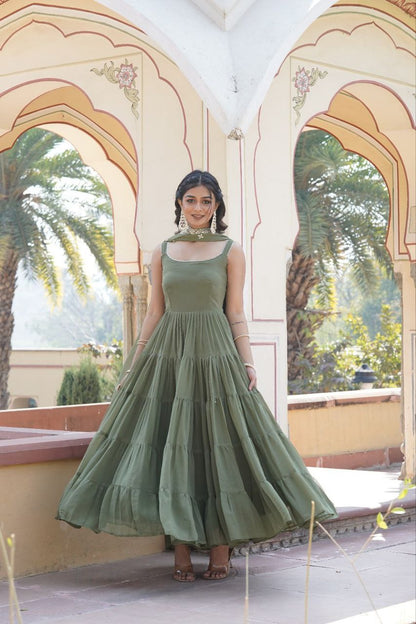 Regal Elegance: Faux Georgette Gown with Rich Embroidery and Dupatta (Mehendi)