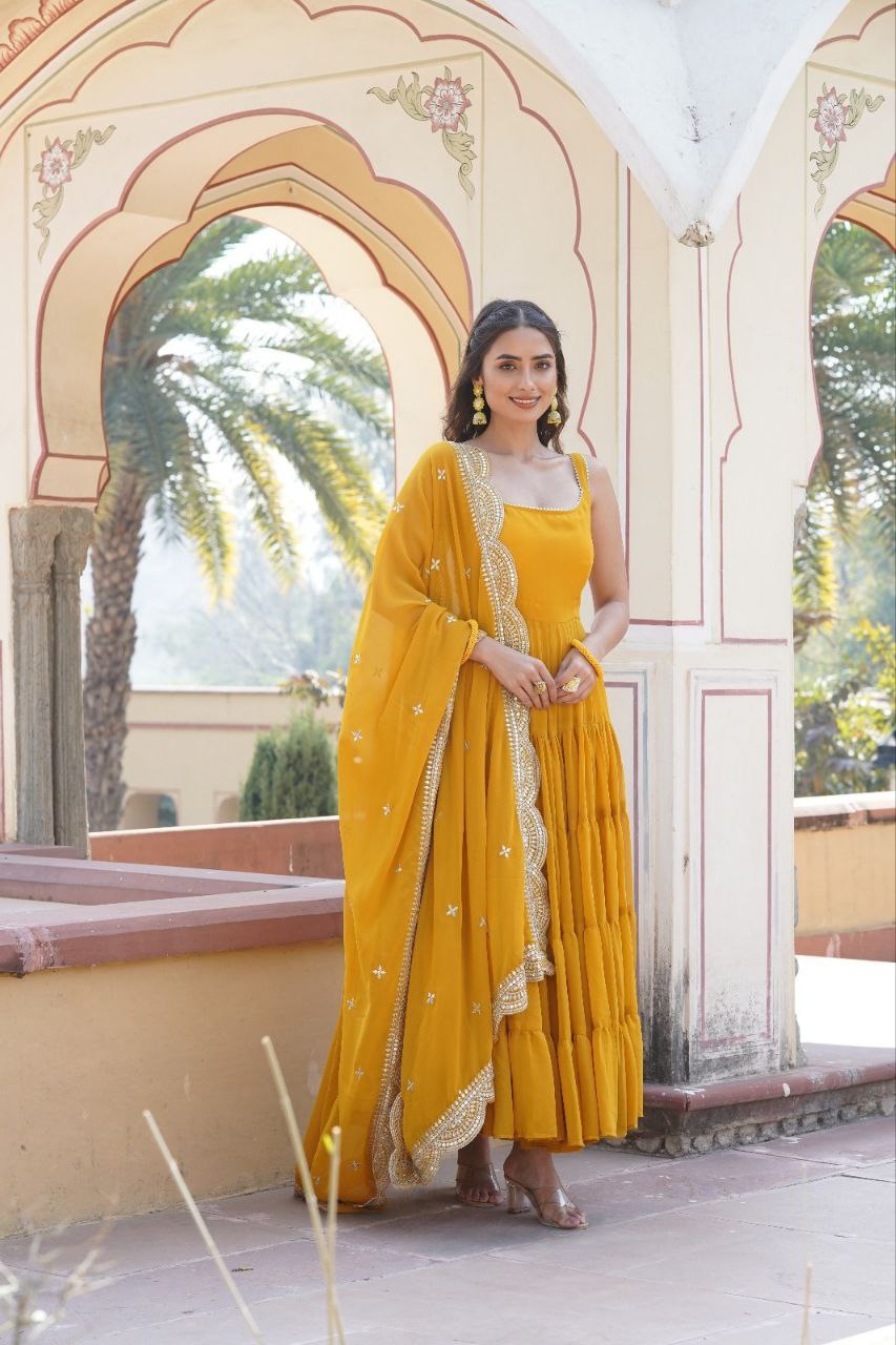 Regal Elegance: Faux Georgette Gown with Rich Embroidery and Dupatta (Yellow)