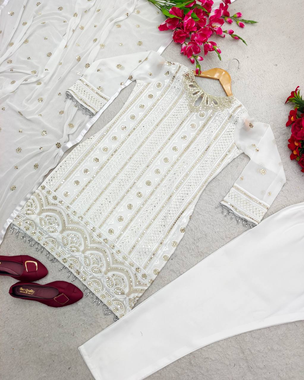 Full Stitched White Cotton Designer Suit