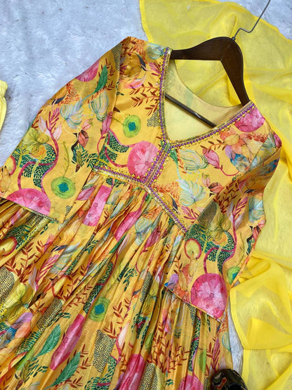 Sunlit Splendor: Opulent Gown Set in Yellow with Dazzling Print and Sequin Accents