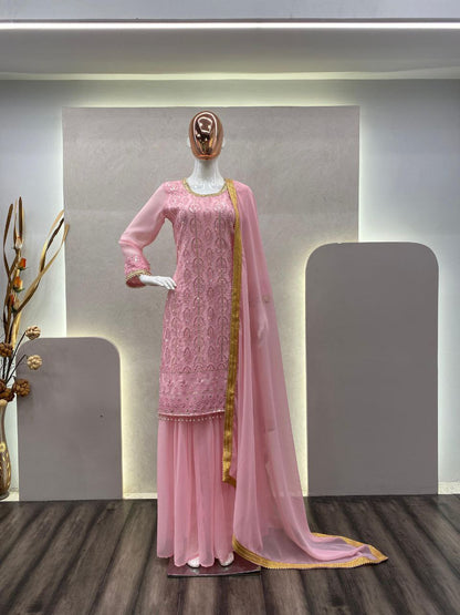 Pink Georgette Suit with Sarara: Fully Stitched Ensemble