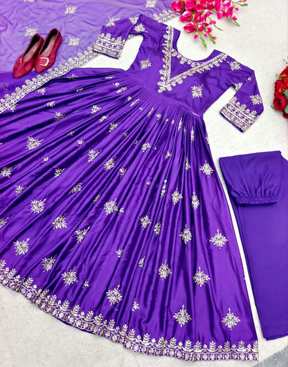 Divine Violet Ensemble: Designer Gown with Pant and Dupatta