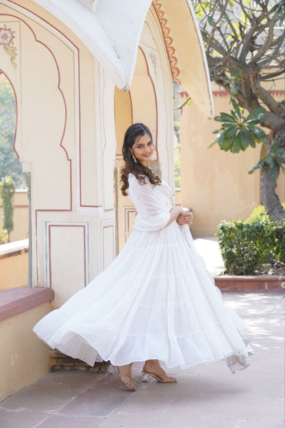 Regal Elegance: Faux Georgette Gown with Rich Embroidery and Dupatta (White)