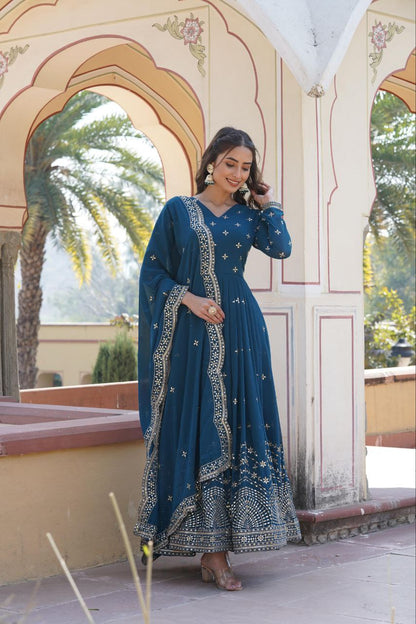 Ethereal Elegance: Faux Georgette Gown with Zari and Sequin Embroidery