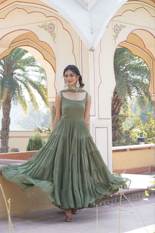 Regal Elegance: Faux Georgette Gown with Rich Embroidery and Dupatta (Mehendi)