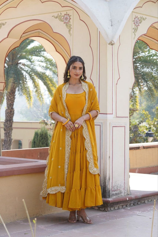 Regal Elegance: Faux Georgette Gown with Rich Embroidery and Dupatta (Yellow)