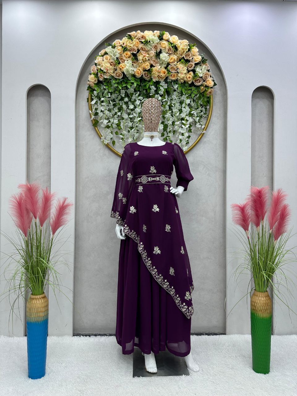 Regal Elegance: Dark Purple Gown with Designer Waist Belt