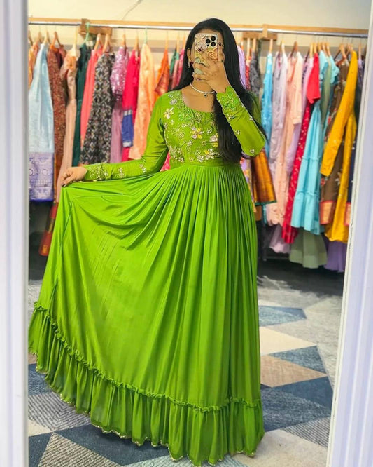Verdant Velvet: Green Faux Georgette Gown Adorned with Thread and Sequin Work